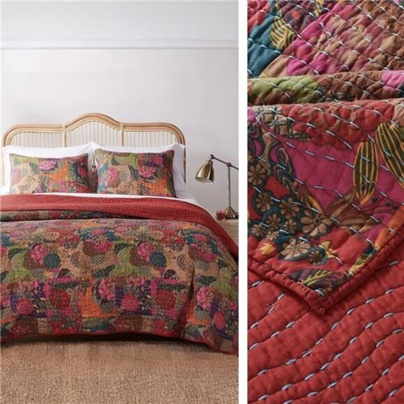NEW Anthro Red Embroidered Floral Queen / King Quilt Bedspread Bedding Sham Set
